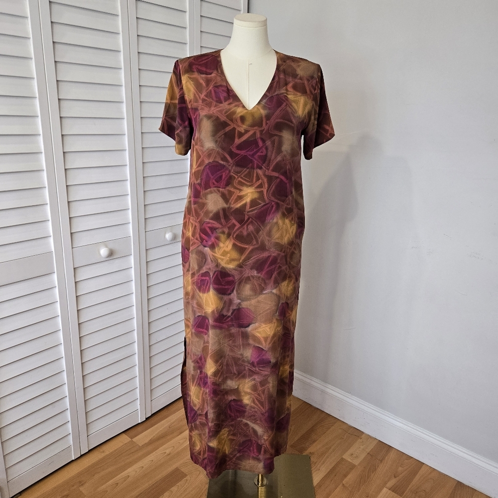 The Silk Road Abstract Multicolor 100% Silk Maxi Dress Size L Boho Festival Retr